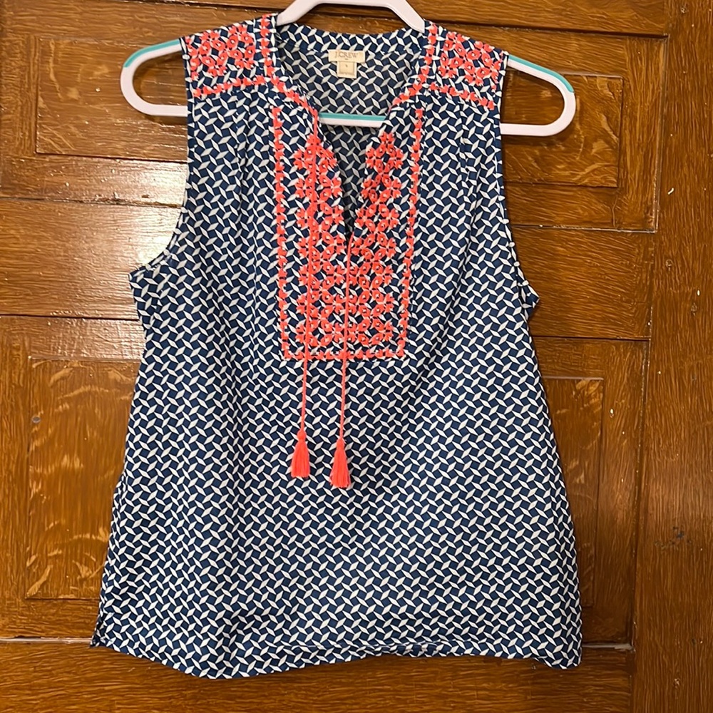 J Crew factory.  Very lightly worn top. Blue, white and dark pink. Tassels